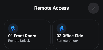The Remote Access screen in UniFi Endpoint, showing the 01 Front Doors and 02 Office Side cards